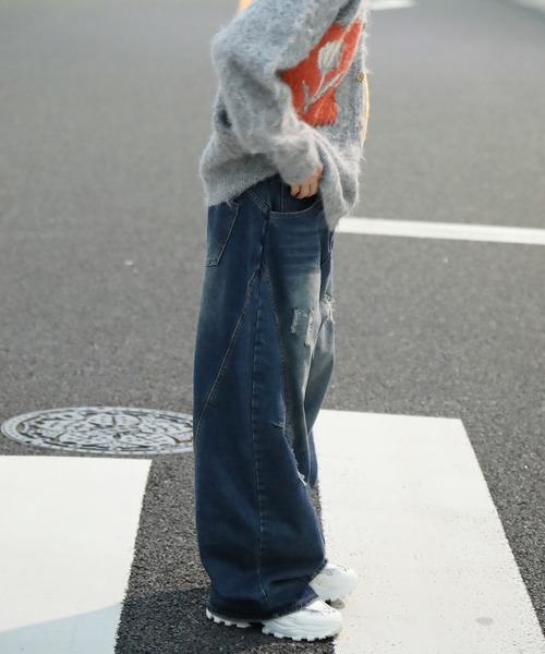 ワイドパンツ ジーンズ クラッシュ加工ワイドカーブデニムパンツ