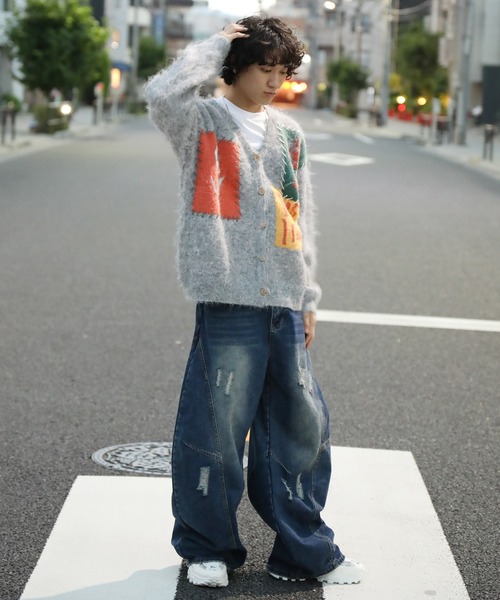 ワイドパンツ ジーンズ クラッシュ加工ワイドカーブデニムパンツ