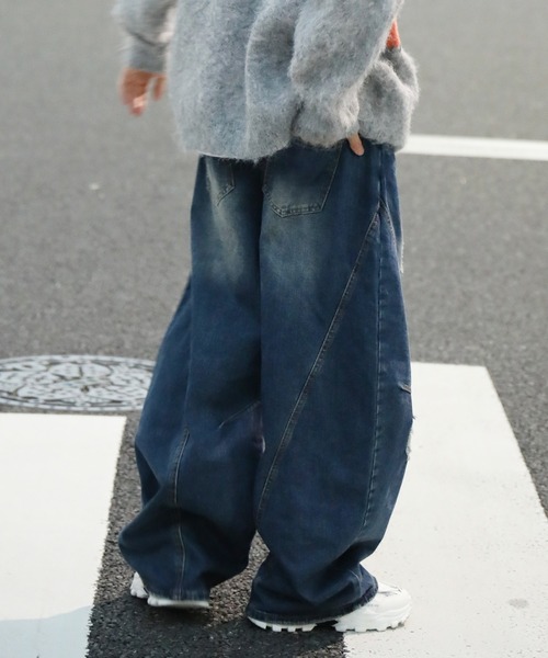 ワイドパンツ ジーンズ クラッシュ加工ワイドカーブデニムパンツ