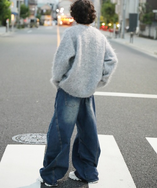 ジーンズ クラッシュ加工ワイドカーブデニムパンツ ダメージ加工