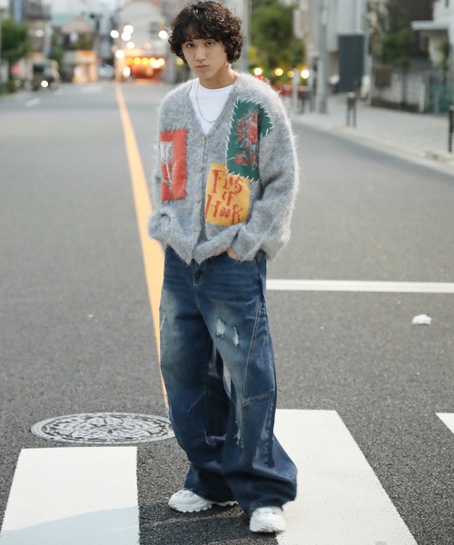 ジーンズ クラッシュ加工ワイドカーブデニムパンツ ダメージ加工