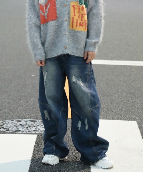ジーンズ クラッシュ加工ワイドカーブデニムパンツ ダメージ加工