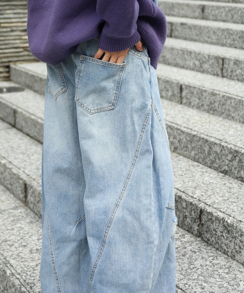 ワイドパンツ ジーンズ クラッシュ加工ワイドカーブデニムパンツ