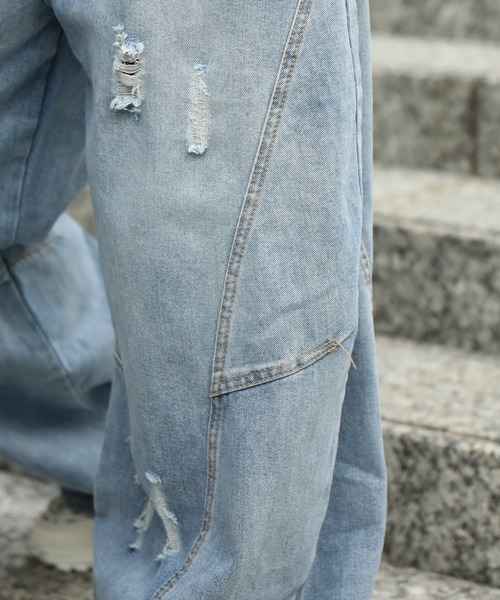 ワイドパンツ ジーンズ クラッシュ加工ワイドカーブデニムパンツ