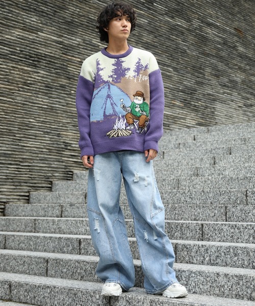 ワイドパンツ ジーンズ クラッシュ加工ワイドカーブデニムパンツ