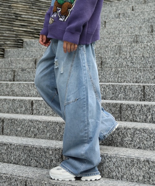 ワイドパンツ ジーンズ クラッシュ加工ワイドカーブデニムパンツ