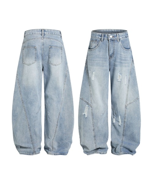 ワイドパンツ ジーンズ クラッシュ加工ワイドカーブデニムパンツ