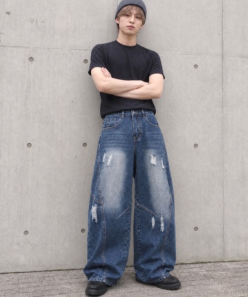 ダメージ加工 デニムパンツ ワイドパンツ ジーンズ クラッシュ加工ワイドカーブデニムパンツ