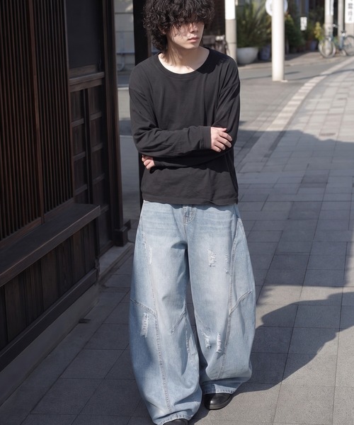 ワイドパンツ ジーンズ クラッシュ加工ワイドカーブデニムパンツ