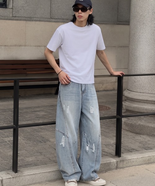 ワイドパンツ ジーンズ クラッシュ加工ワイドカーブデニムパンツ