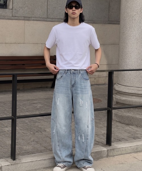 ワイドパンツ ジーンズ クラッシュ加工ワイドカーブデニムパンツ ワイドパンツ ジーンズ クラッシュ加工ワイドカーブデニムパンツ