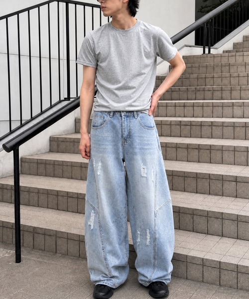  デニムパンツ ダメージ加工 ワイド ワイドパンツ ジーンズ クラッシュ加工ワイドカーブデニムパンツ