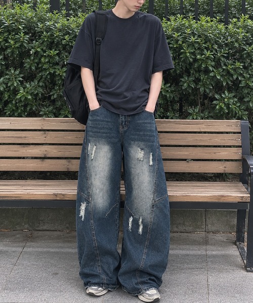 ワイドパンツ ジーンズ クラッシュ加工ワイドカーブデニムパンツ