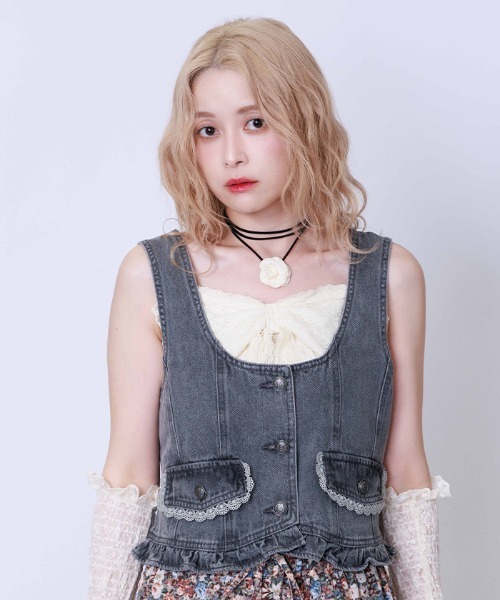 ベスト ジレ プチフリルデニムベスト レディース