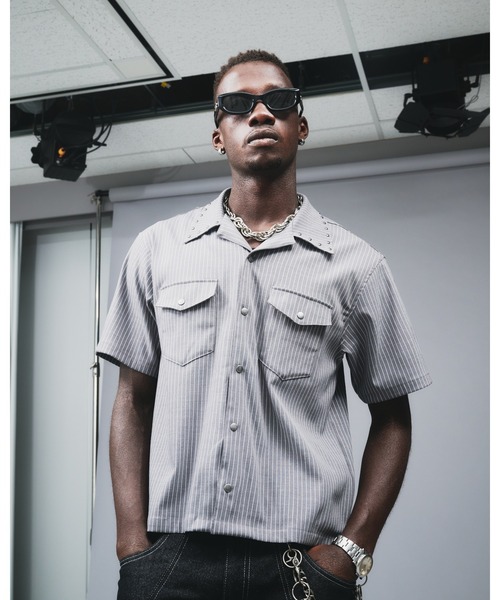 ANDER HUNK スタッズデザインストライプオープンカラーシャツ M 黒 ANDER HUNK シャツ Studs Design Stripe Open-Colour Shirt