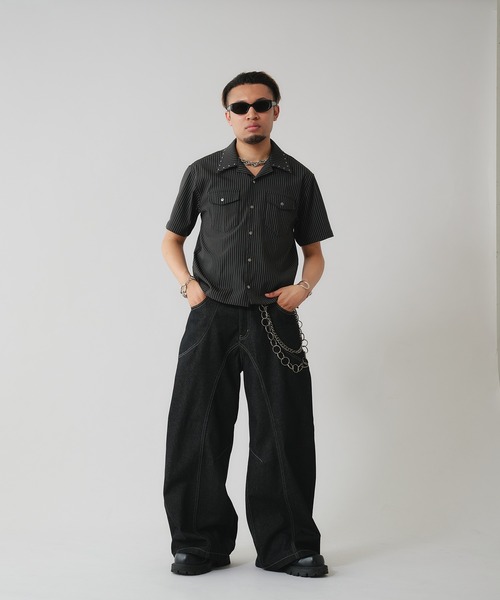 ANDER HUNK スタッズデザインストライプオープンカラーシャツ M 黒 Studs Design Stripe Open-Colour Shirt / スタッズデザイン