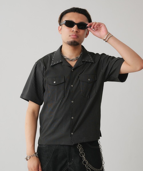ANDER HUNK スタッズデザインストライプオープンカラーシャツ M 黒 ANDER HUNK シャツ Studs Design Stripe Open-Colour Shirt
