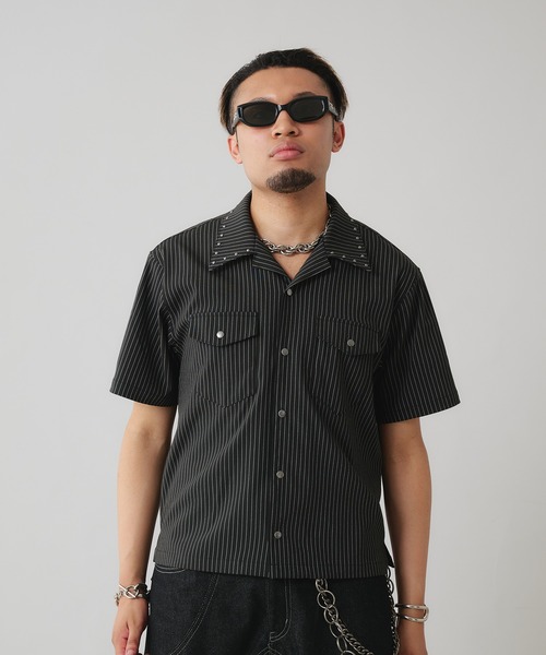 ANDER HUNK スタッズデザインストライプオープンカラーシャツ M 黒 ANDER HUNK シャツ Studs Design Stripe Open-Colour Shirt