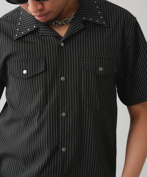 ANDER HUNK スタッズデザインストライプオープンカラーシャツ M 黒 ANDER HUNK シャツ Studs Design Stripe Open-Colour Shirt
