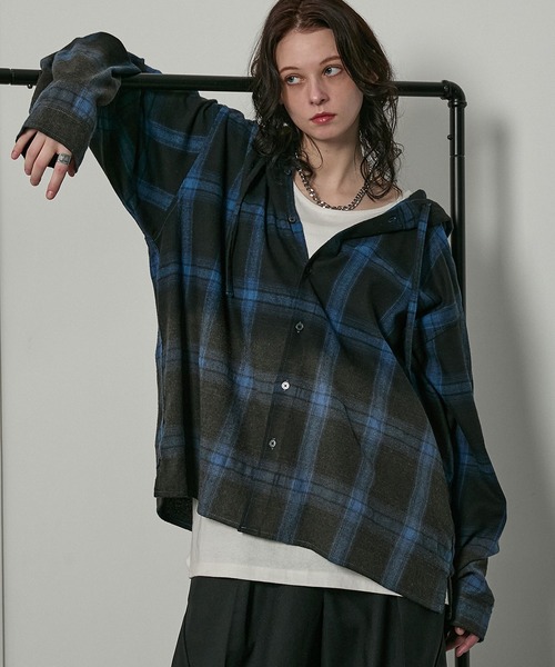 シャツ 「Alfred Alex」グラデーション チェック フードシャツ メンズ