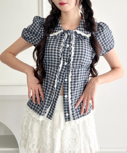 Loueme ブラウス シャツ 半袖 チェックレースブラウス レディース