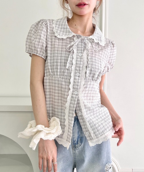 Loueme ブラウス シャツ 半袖 チェックレースブラウス レディース