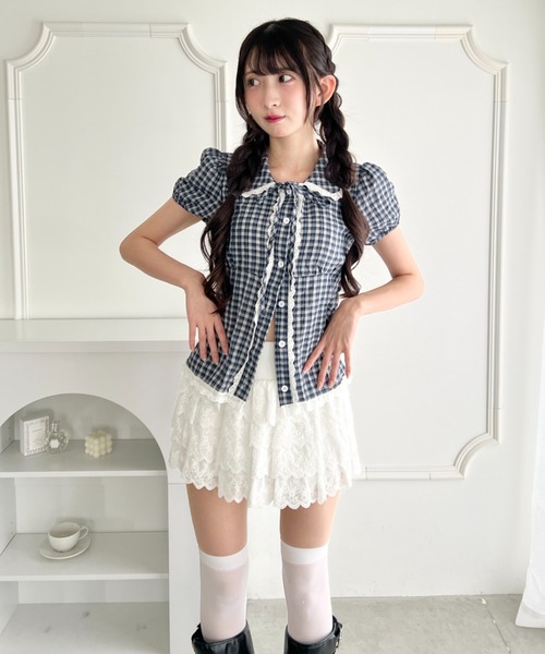 Loueme ブラウス シャツ 半袖 チェックレースブラウス レディース