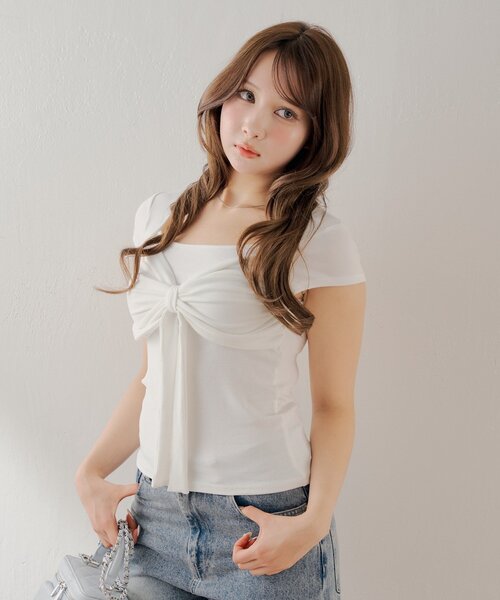 Chico（チコ） tシャツ フレンチスリーブボレロ風リボントップス