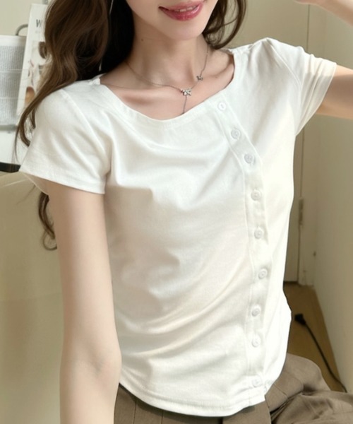 Ada. tシャツ 半袖 アシンメトリー フロントボタン ボートネック