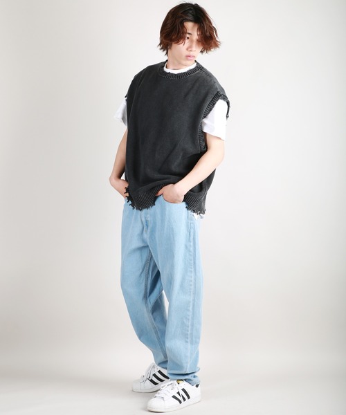 WESTSEA ベスト ジレ 7G 綿天竺 ストーンウォッシュダメージ