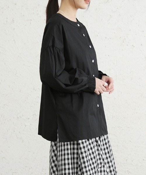 ブラウス シャツ 2WAYぽわん袖ノーカラーシャツ レディース