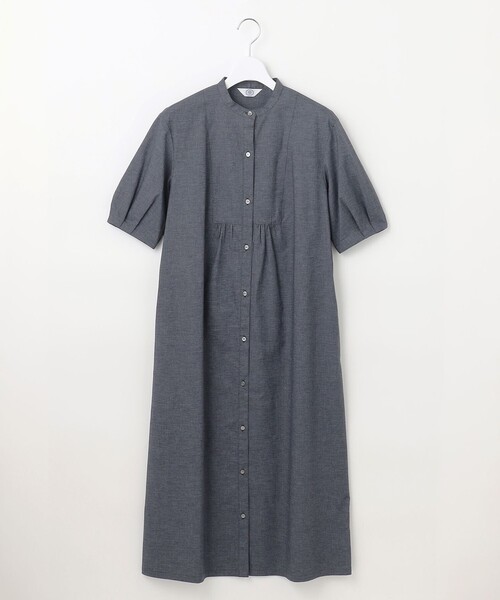 シャツワンピース 「洗える」麻ポリエステルストレッチ