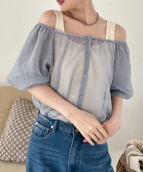 ドットブラウス エステラケー Cold Shoulder Stripe Blouse -GRN st.- – Estella.K