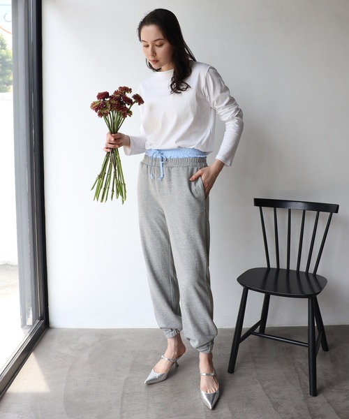 2色スウェットパンツ コントラストカラーダブルウエストスポーツ ENC スウェットパンツ ジャージ double waist sweat pants