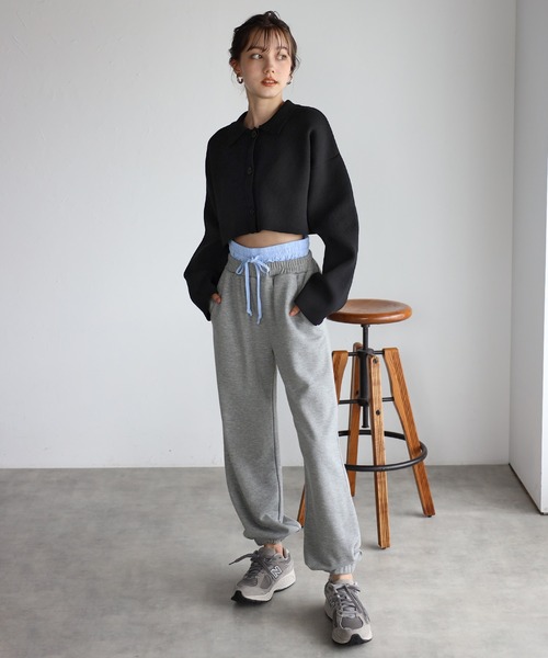 2色スウェットパンツ コントラストカラーダブルウエストスポーツ ENC スウェットパンツ ジャージ double waist sweat pants