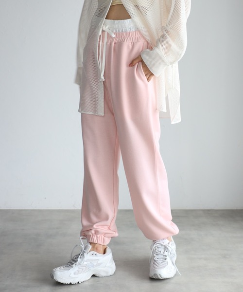 2色スウェットパンツ コントラストカラーダブルウエストスポーツ ENC スウェットパンツ ジャージ double waist sweat pants