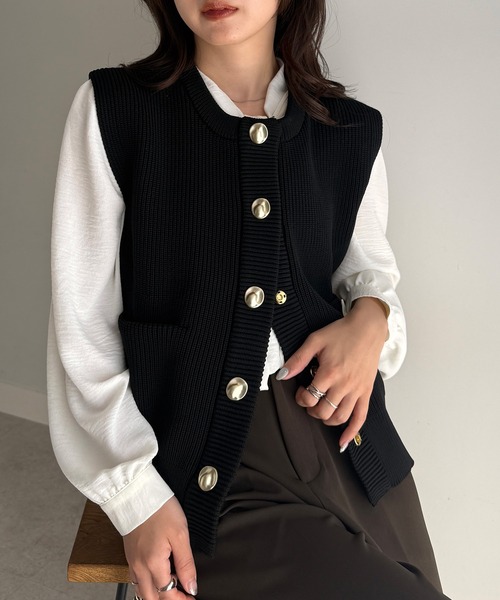 RANAN（ラナン） ベスト ジレ ニュアンスボタンノースリーブニット