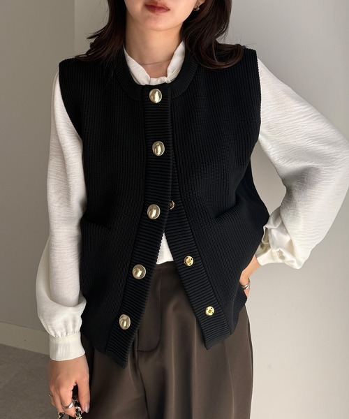 RANAN（ラナン） ベスト ジレ ニュアンスボタンノースリーブニット
