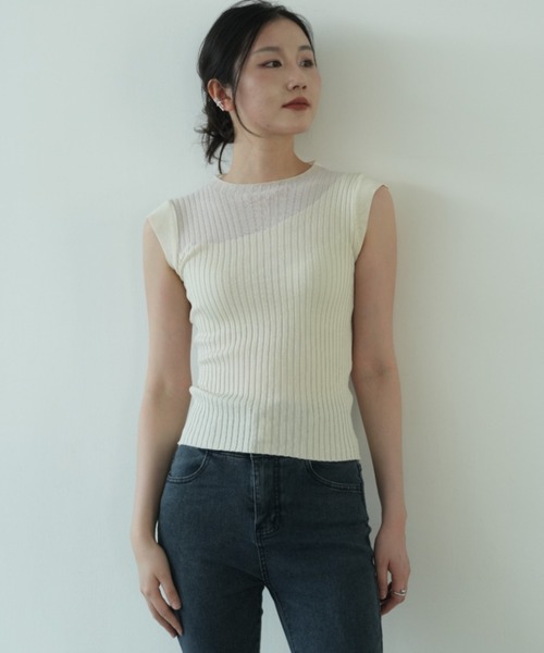 tシャツ アシンメトリー切り替えシアー素材トップス 夏服 レイヤード風