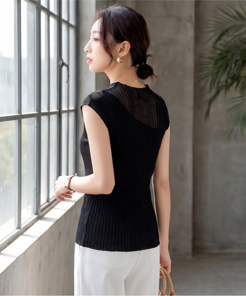 シェリエ　sheller アシンメトリーリブノースリーブトップス ブラック tシャツ アシンメトリー切り替えシアー素材トップス 夏服 レイヤード風