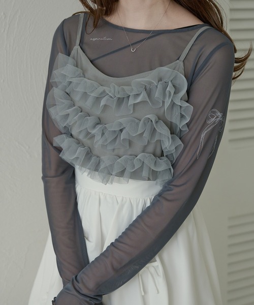 FRILL TATTOO SHEER TOPS GRAY tシャツ sheer tattoo tulle tops