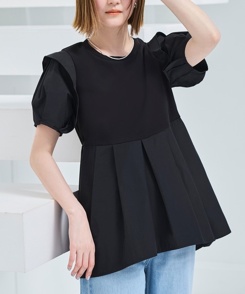 ルイルエブティック RUIRUE BOUTIQUE 【洗える】コンビネーション タックスリーブ ペプラムTシャツ （ホワイト） RUIRUE BOUTIQUE tシャツ 洗える ストレッチ