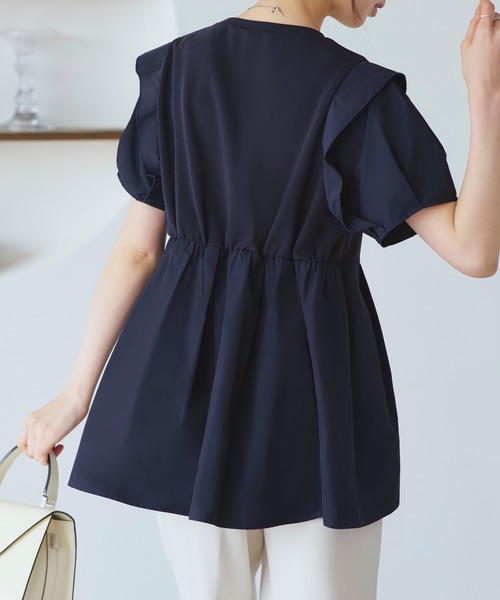 ルイルエブティック RUIRUE BOUTIQUE 【洗える】コンビネーション タックスリーブ ペプラムTシャツ （ブラック） RUIRUE BOUTIQUE tシャツ 洗える ストレッチ