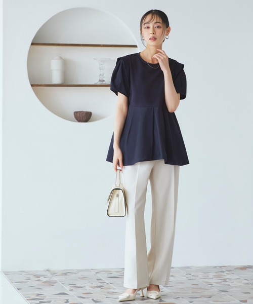 tシャツ 洗える ストレッチ ｜ コンビネーション タックスリーブ ペプラム Tシャツ ｜ レディース オフィスカジュアル 通勤 半袖 おしゃれ きれ RUIRUE BOUTIQUE tシャツ 洗える ストレッチ