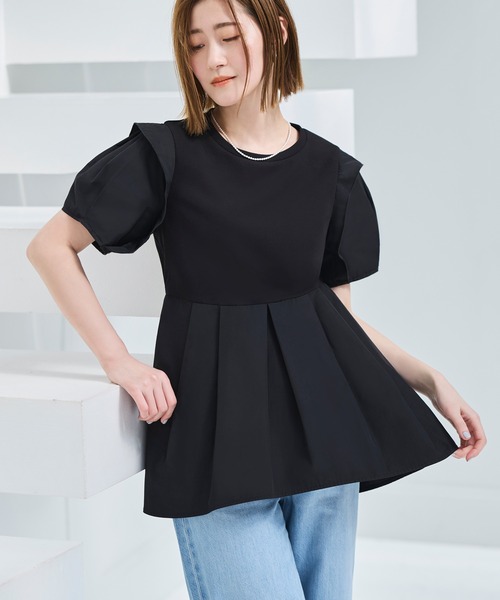 ルイルエブティック RUIRUE BOUTIQUE 【洗える】コンビネーション タックスリーブ ペプラムTシャツ （ブラック） RUIRUE BOUTIQUE tシャツ 洗える ストレッチ