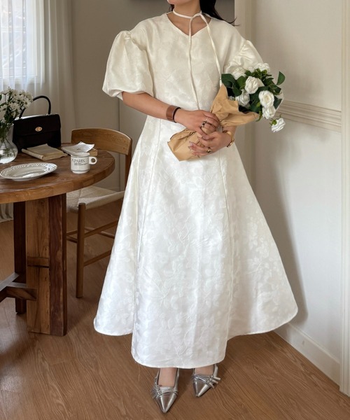 BEARDSLEY 袖ジャガードワンピース　クロスステッチ　異素材　ボリューム袖 efill ワンピース ボリューム袖 の ジャガード ワンピース : ZOZOTOWN