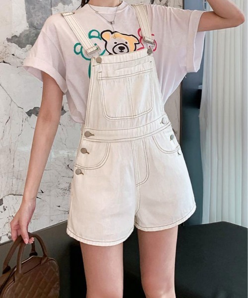 soor ploom 2Y ショートオール　デニム　サロペット　オーバーオール サロペット オーバーオール バック リボン カラー デニム ショート