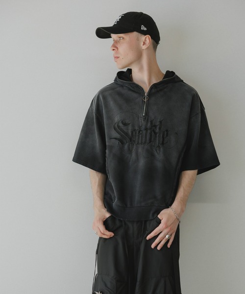 パーカー MODISH GAZE ビンテージ加工プリント ルーズパーカー レディース メンズ MODISH GAZE ビンテージ加工プリントルーズパーカー（ブラック