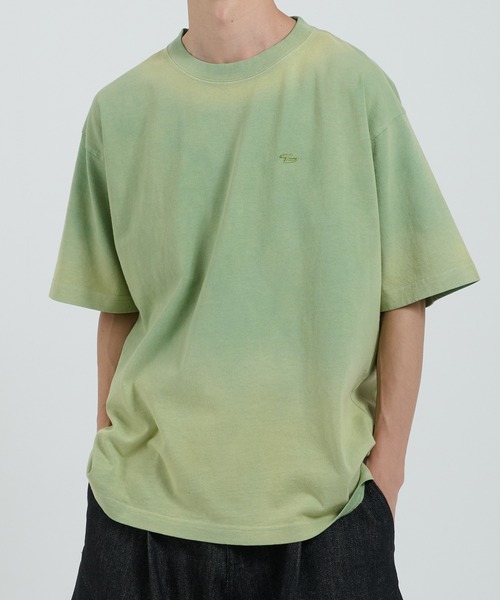 Perushu tシャツ フェードスプレー加工 ロゴ刺繍Tシャツ メンズ