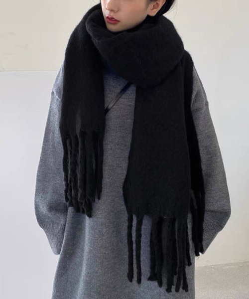 黒いウール混合マフラー フリンジ付き マフラー ストール ロングフリンジふわもこマフラー レディース